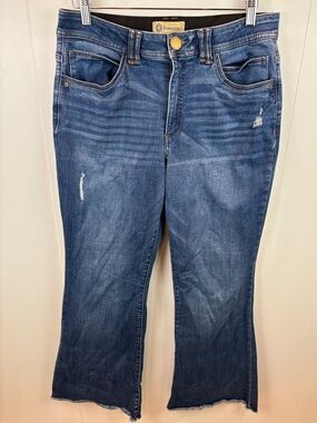 Democracy Wide Leg Flare Jeans sz 12 Raw Hem Medium Wash Distressed High Rise